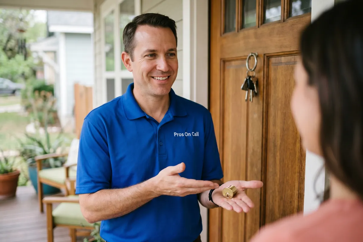 Pros On Call locksmith technician holding a brass lock cylinder on his open palm while consulting with an Austin homeowner at their front door