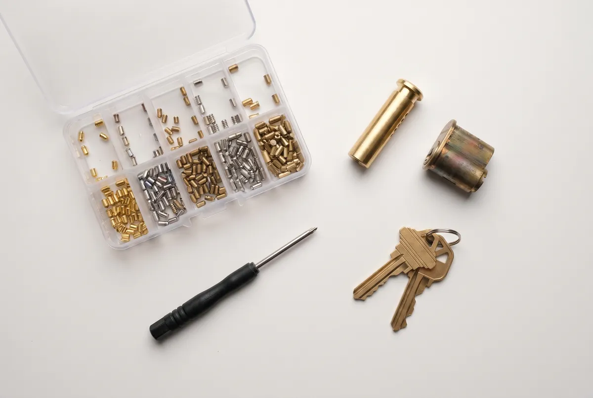 Overhead flat-lay of a Kwikset rekey kit: brass pin organizer tray, plug follower tool, lock cylinder, two house keys, and a small screwdriver on a white surface