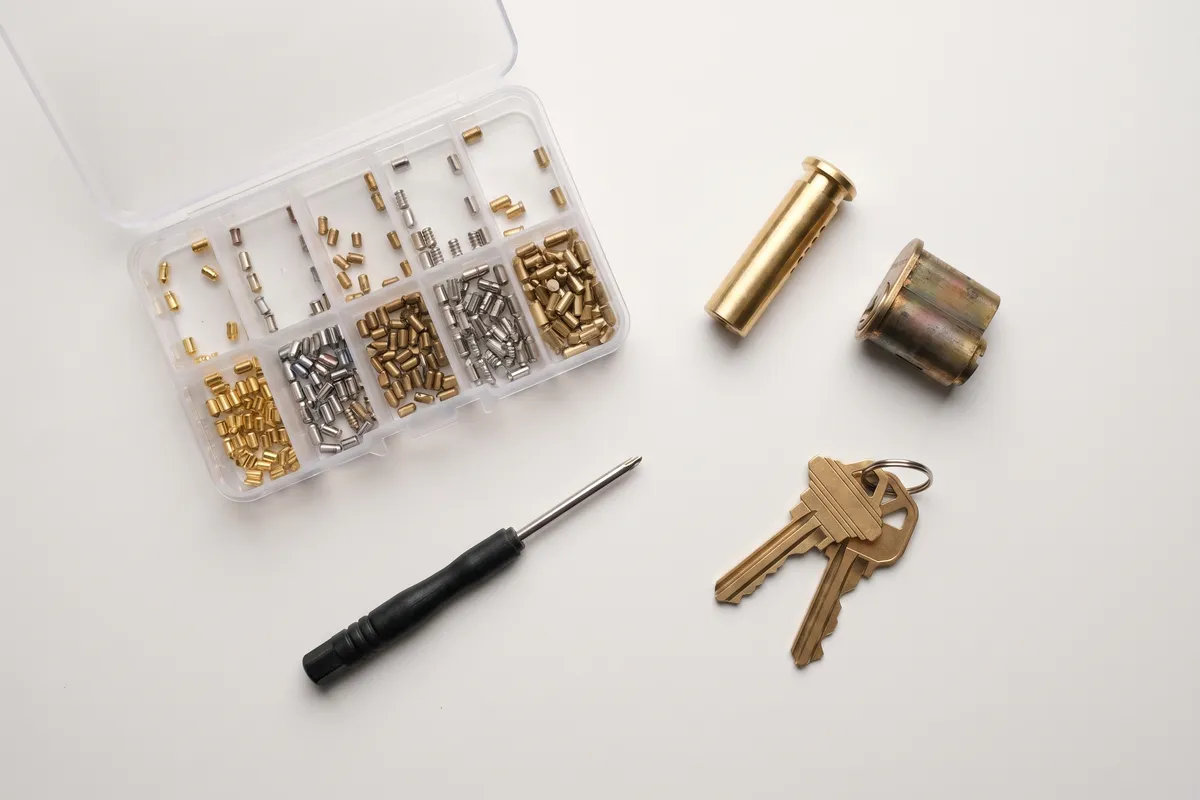 Overhead flat-lay of a Kwikset rekey kit: brass pin organizer tray, plug follower tool, lock cylinder, two house keys, and a small screwdriver on a white surface