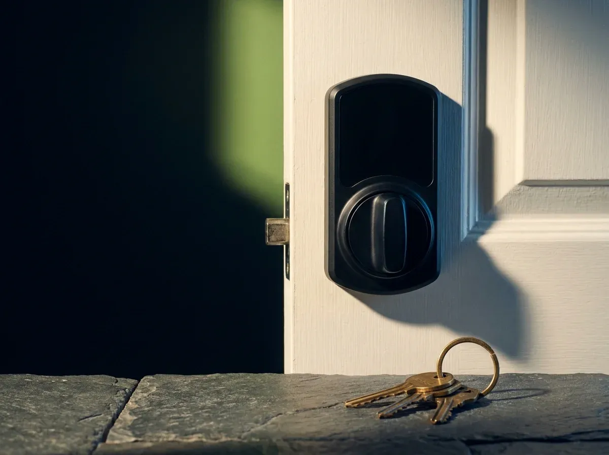 A modern electronic deadbolt installed on a residential front door, with a set of keys resting on the stone doorstep
