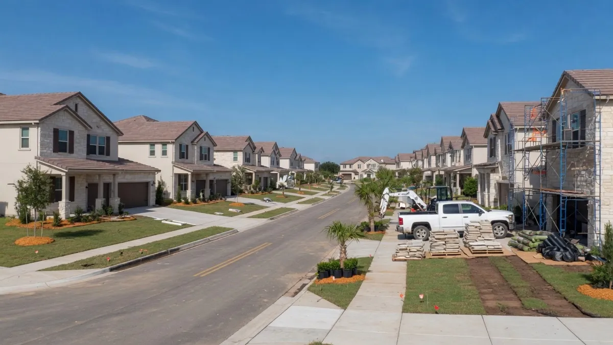 A newer suburban residential street in New Braunfels, Texas with visible construction activity a few houses down