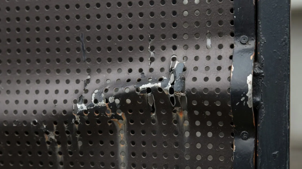 Close texture view of a torn and bent steel mesh security screen panel after storm exposure
