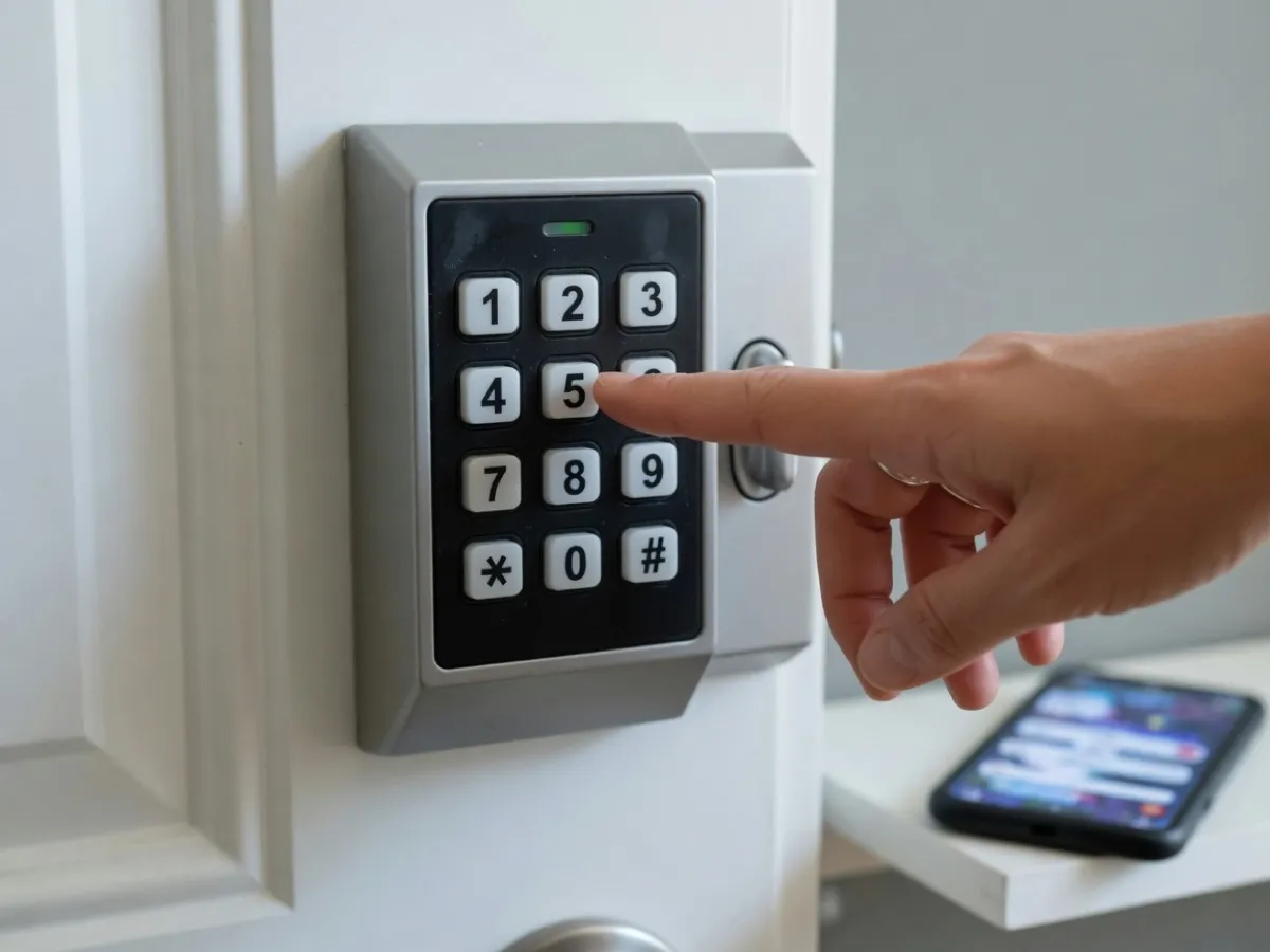 A hand pressing a button on a keypad style smart deadbolt on an interior facing door in a San Marcos, Texas home