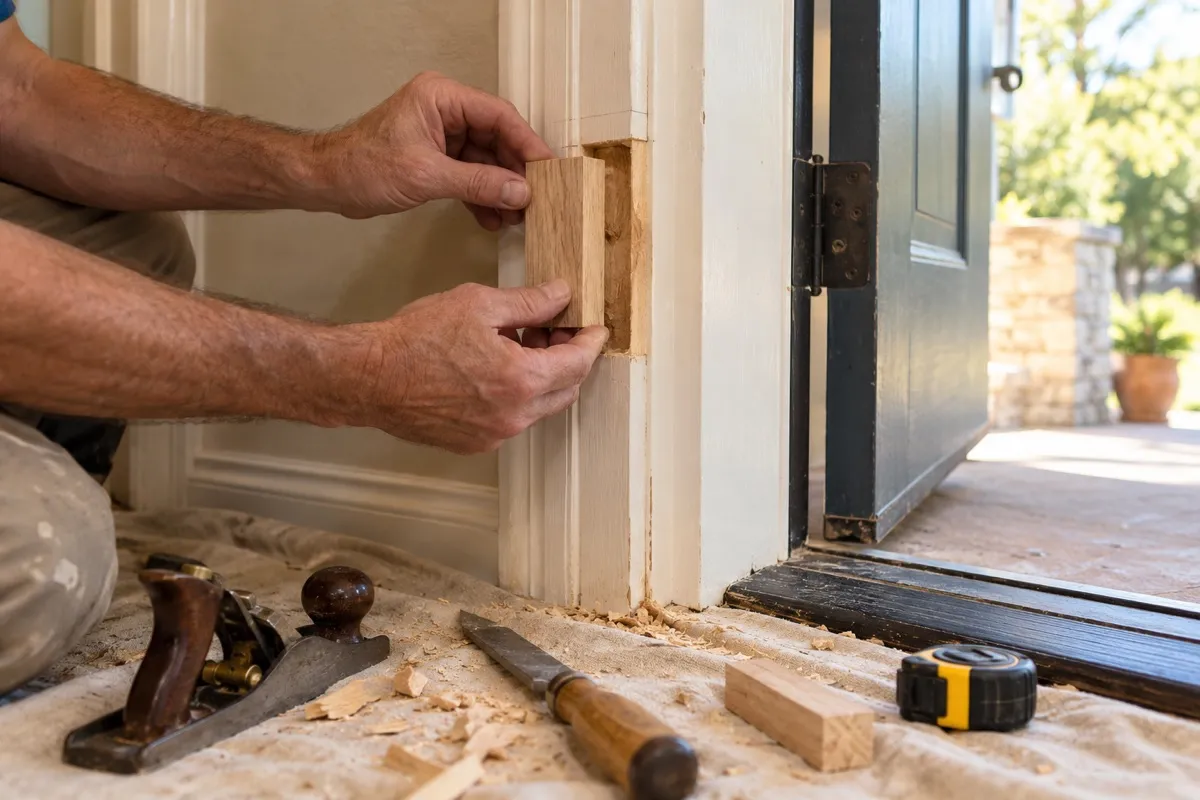 Hands fitting a matching wood splice piece into a chiseled section of a door jamb with hand tools nearby