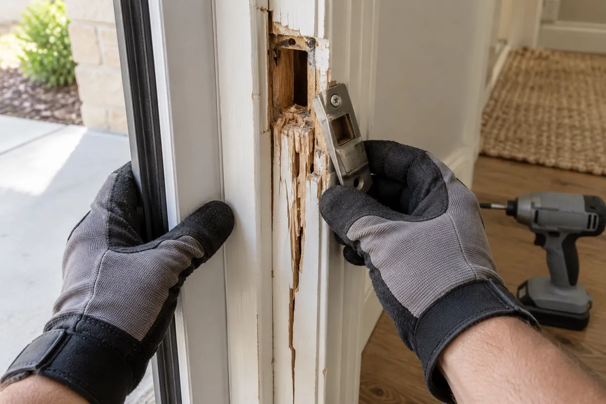 Gloved hands holding a torn-loose strike plate beside a split wood door jamb at an Austin front door