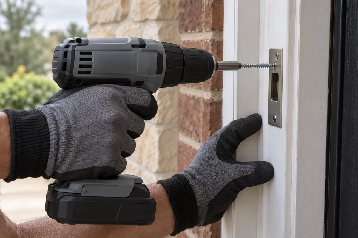 Gloved hands with a cordless drill driving a long screw into a steel strike plate on a white door jamb