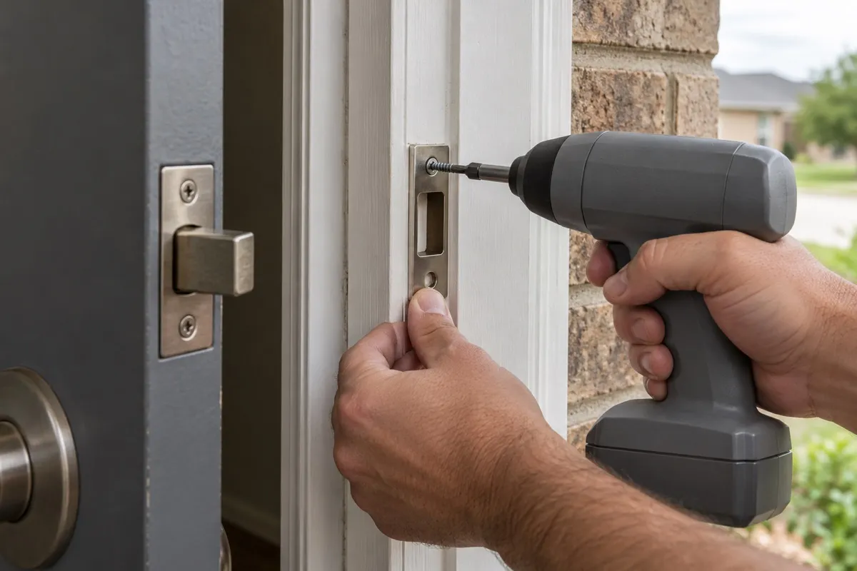 Hands driving a screw through a metal strike plate into a white door jamb beside a brick wall in Austin
