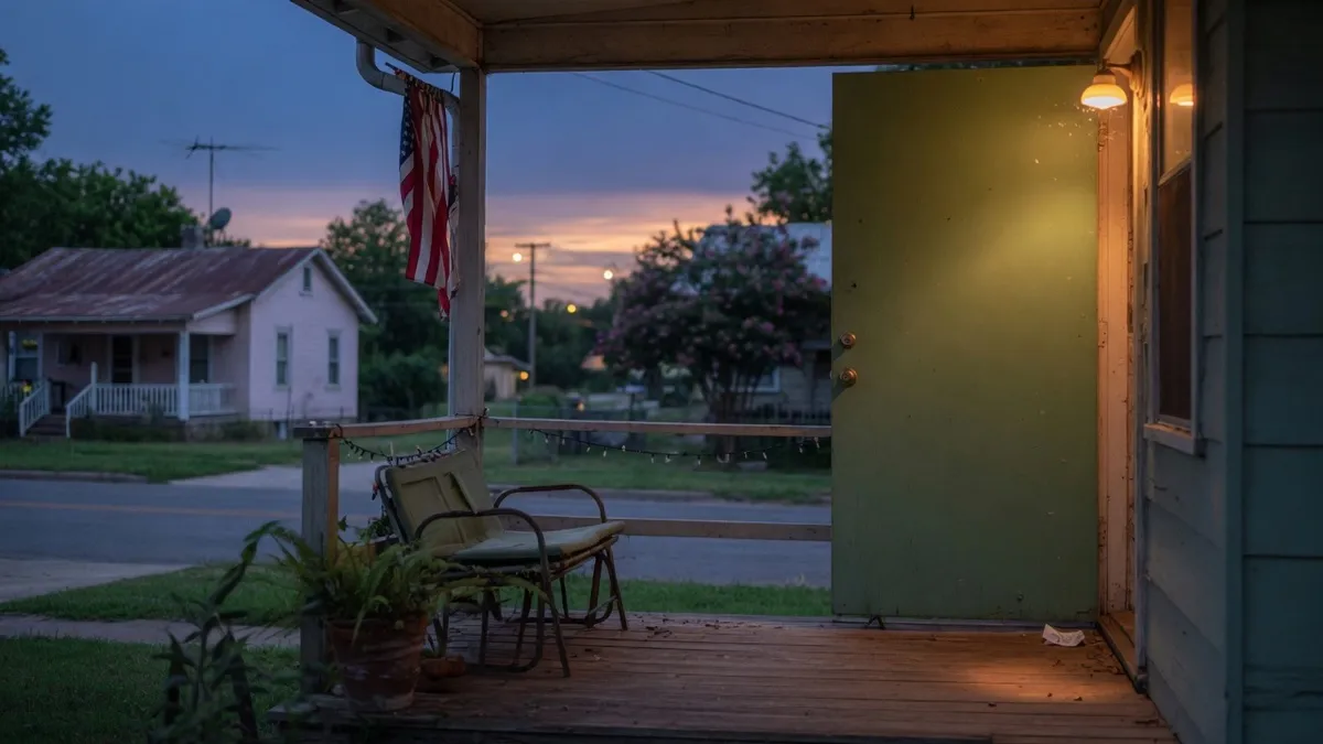 A covered front porch on an Austin, Texas home at dusk in summer, with the front door standing open, a lit porch lamp, string lights along the rail, a chair and potted fern on the wood porch boards, and a sunset softening behind a neighboring bungalow