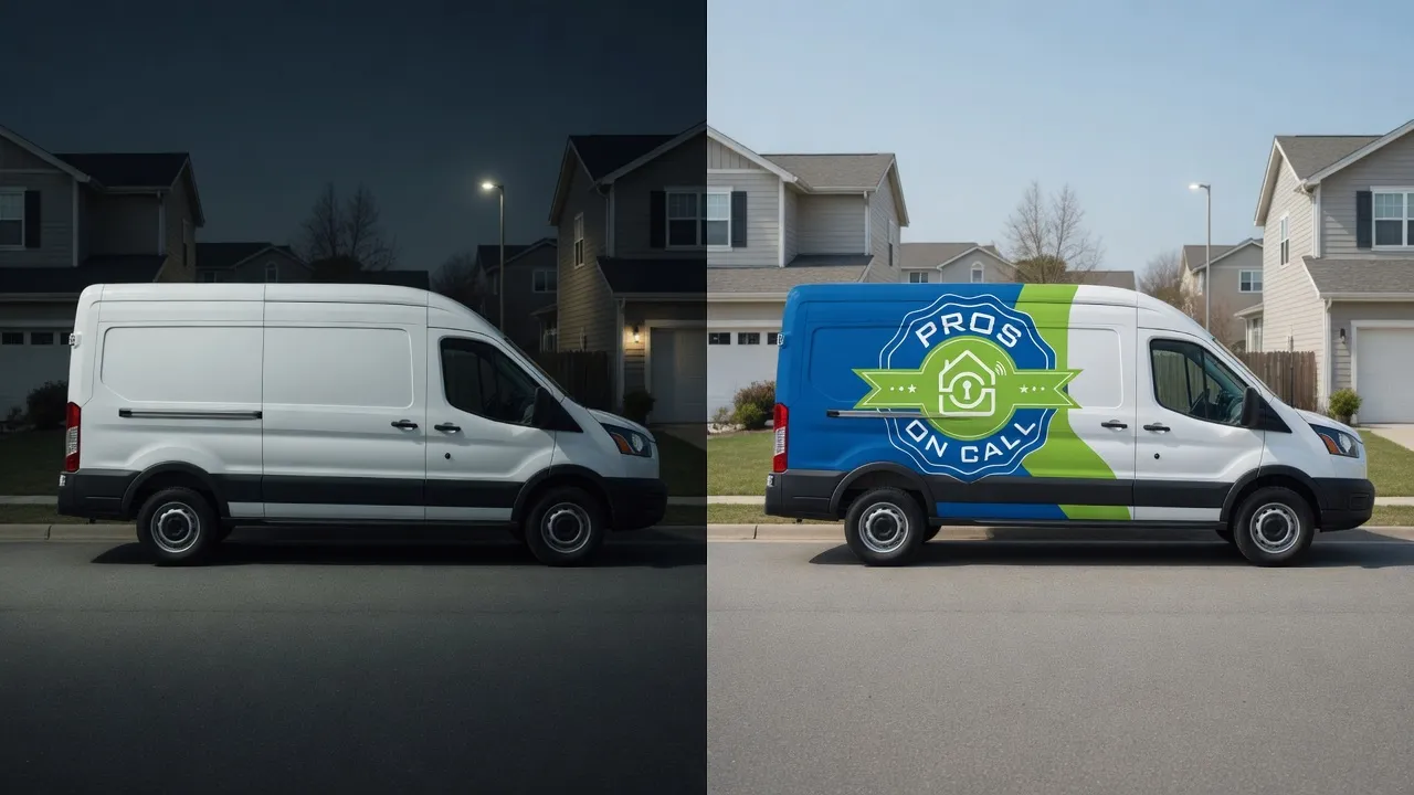 Side by side comparison of an unmarked van at night and a Pros On Call branded service van in daylight, illustrating a locksmith arrival tell.