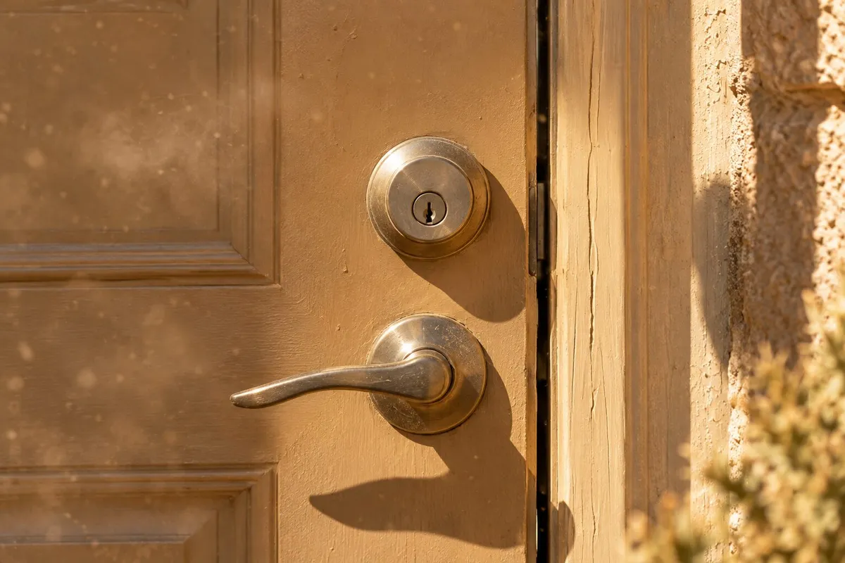 A residential entry door and deadbolt in harsh West Texas sun with visible airborne dust and haze near Odessa, Texas