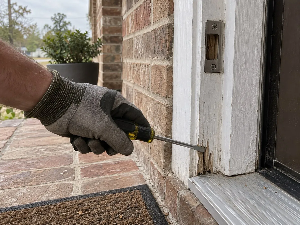Gloved hand with a screwdriver probing rotted wood at the base of a painted door jamb below the strike plate