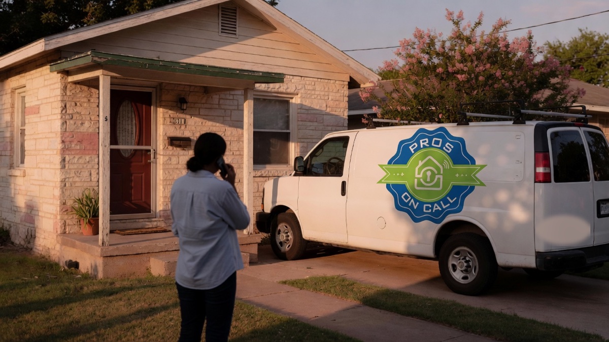 An Austin, Texas bungalow at golden hour with a Pros On Call van parked in the driveway, a homeowner seen from behind with no visible face, phone held to their ear.