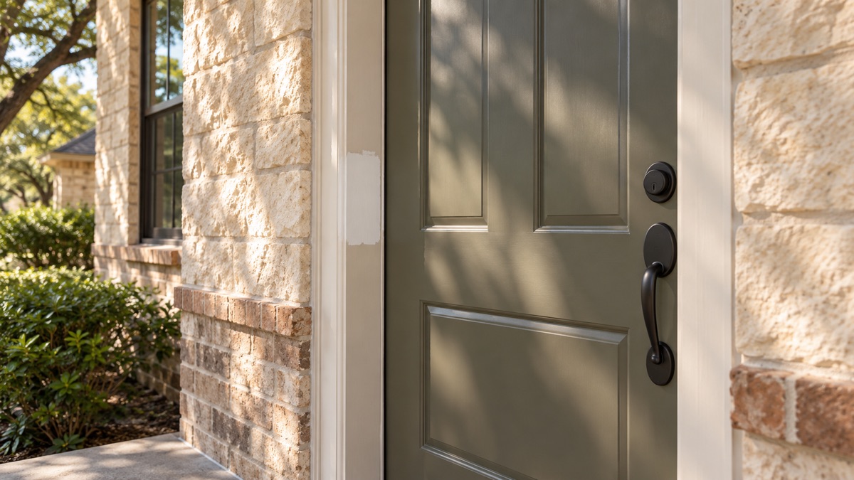 Painted wood front door with a freshly repaired jamb on a Central Texas limestone and brick porch