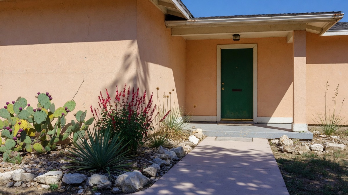 Daylight photo of a single story Austin, Texas home with peach stucco walls, a dark green front door in a covered entry, a concrete walkway, and a xeriscaped bed of prickly pear cactus, red yucca, agave, native grasses, and limestone rock under a clear midday sky.