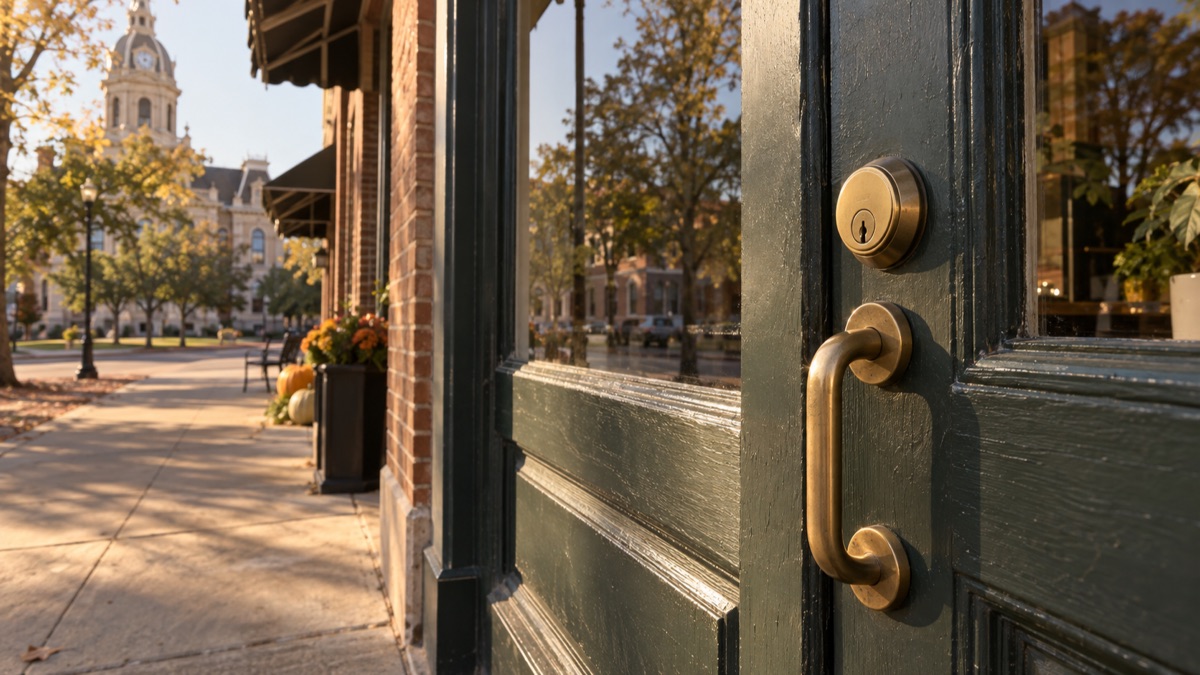 A green wood storefront door with a brass deadbolt cylinder and pull handle facing the Lockhart courthouse square
