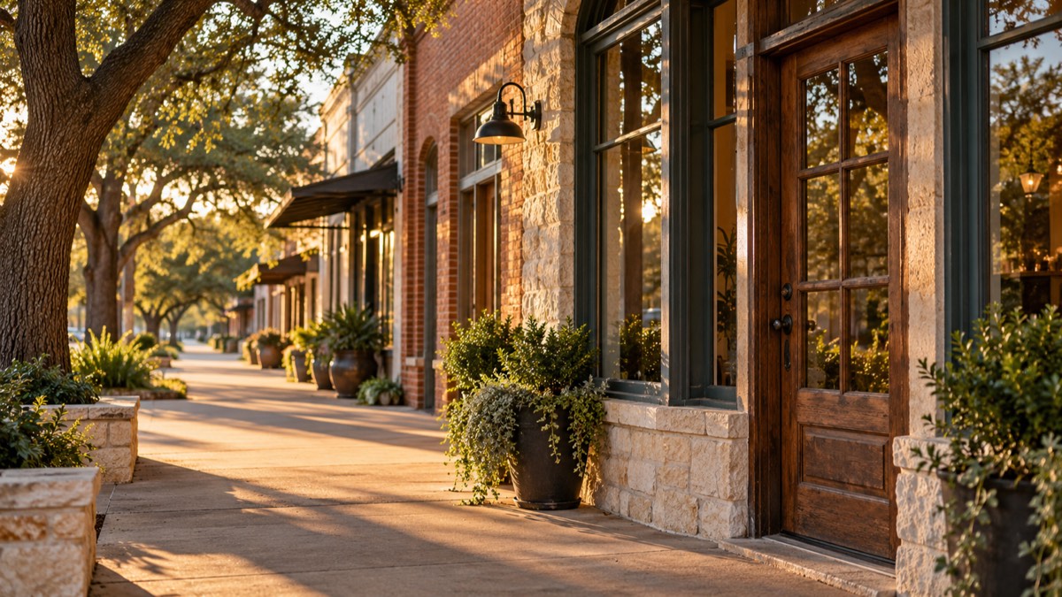 Row of low limestone and brick storefronts with wood doors under live oaks on a small Central Texas Main Street