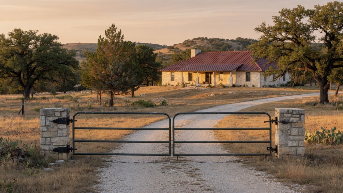 A closed tube-steel swing gate between limestone pillars at the end of a gravel driveway, with a limestone home, live oaks and Ashe juniper beyond, in golden light near Dripping Springs, Texas.