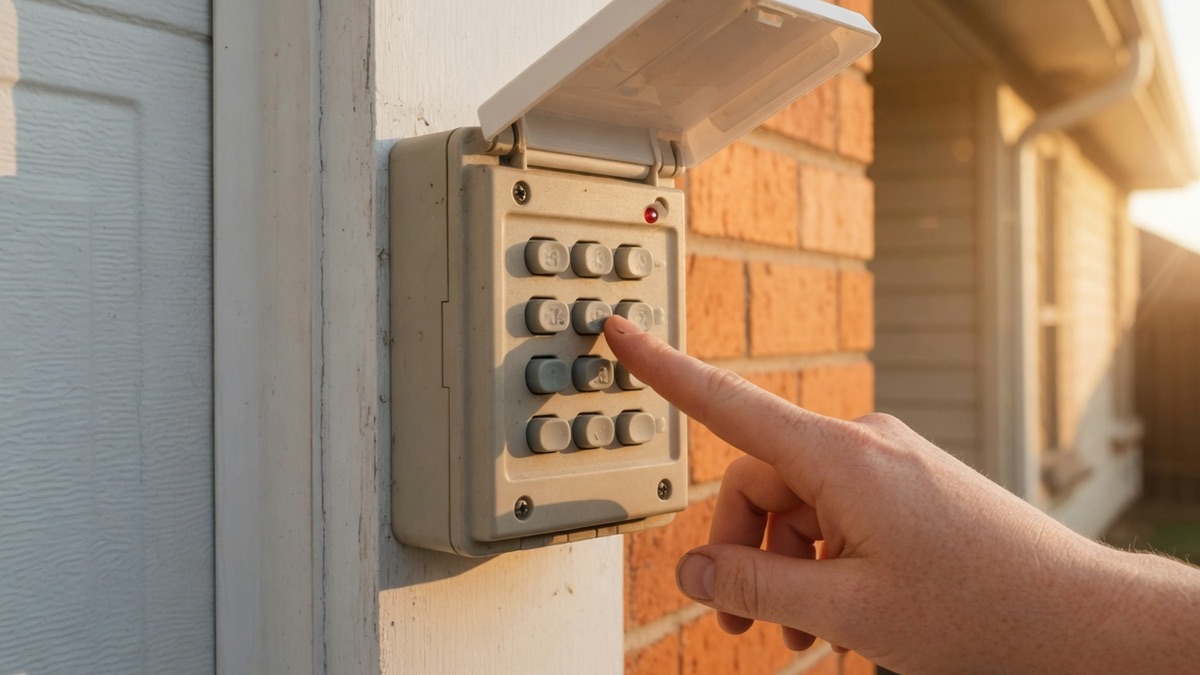 A hand entering a code on an exterior wireless garage door keypad mounted beside a residential garage door in Austin, Texas