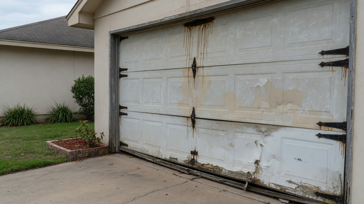 A weathered white sectional garage door on a suburban Austin, Texas home shows the classic replacement signs: chalking and peeling paint, rust streaks bleeding down from the hinges, and a warped, delaminated bottom panel leaving a visible gap at the driveway.