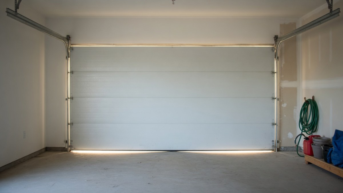 An interior view of a residential garage in Austin, Texas shows the closed white sectional door with its vertical tracks running up both jambs and curving into horizontal tracks along the ceiling, mounting brackets in place, a concrete floor, and ordinary garage storage along one side.