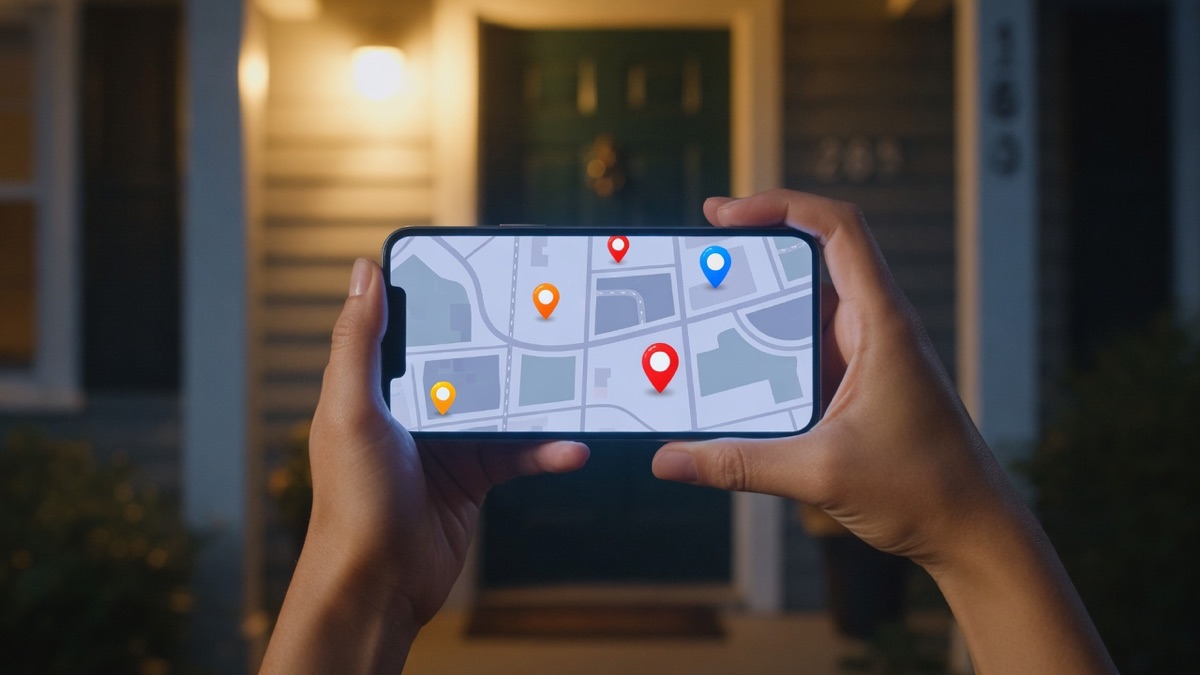 Hands holding a smartphone showing generic map pins during a locksmith near me search, no readable app interface.