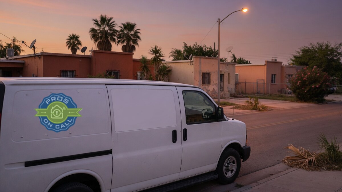 Pros On Call service van parked at dusk on a residential street in McAllen, Texas, Rio Grande Valley key fob and automotive locksmith service