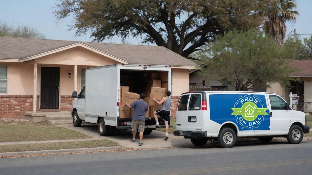A military family unloading moving boxes at a modest San Antonio home with a Pros On Call service van parked at the curb during a PCS move-in