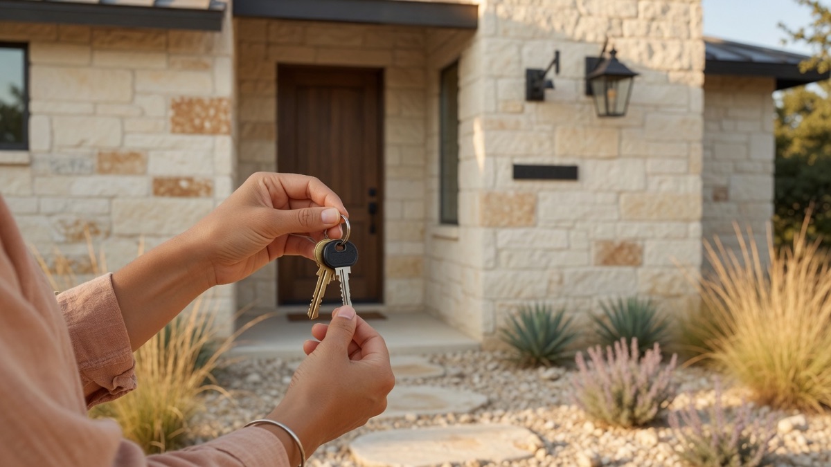 Daylight shot of hands holding a small ring of house keys in front of an out of focus front door on a light stone Hill Country style home in San Marcos.