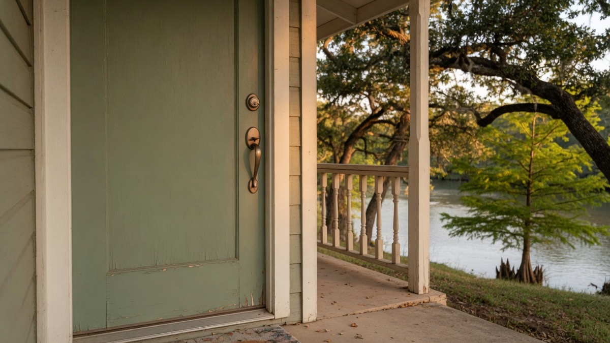 A closed sage-green front door with a deadbolt above a handleset, porch railing, live oaks and a bald cypress, with a river behind in late light, near San Marcos, Texas.