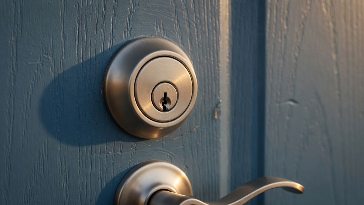 Satin nickel American residential deadbolt above a lever handle on a painted exterior door