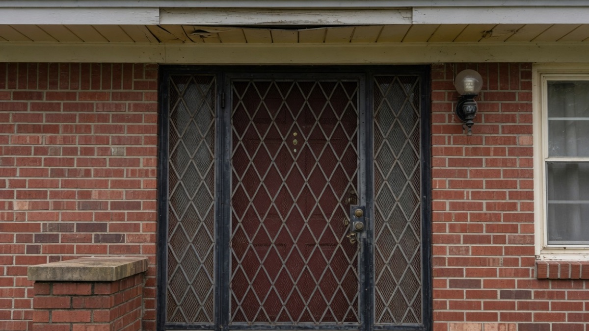A black steel security screen door with diamond grille panels mounted over the front entry of a brick Texas home