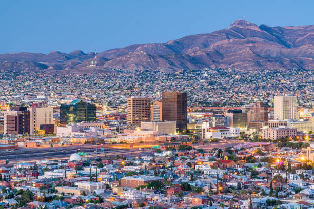 Locksmith El Paso, TX El Paso, Texas, USA downtown city skyline at dusk with Juarez, Mexico in the distance.