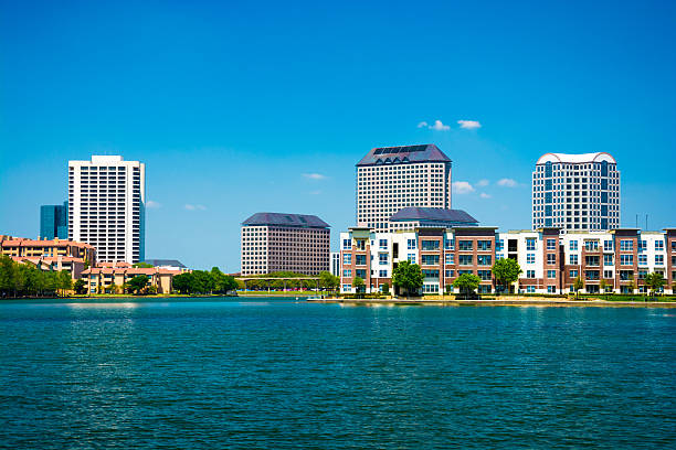 Skyline of the Las Colinas area of Irving, Texas with Lake Carolyn in the foreground. Irving is a part of the Dallas - Fort Worth Metroplex.