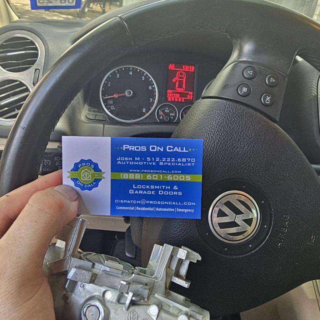 Calling card of an automotive locksmith liberty hills tx for any lock and key issues on your car.