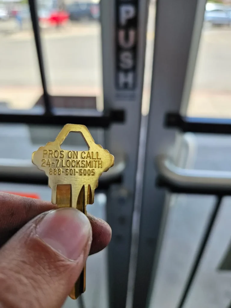 A close-up, eye-level shot of a person's hand holding a brass-colored key. The key has text engraved on its head, which reads "PROS ON CALL 24/7 LOCKSMITH 415-501-5905." In the background, a blurry image shows a silver-colored metal door with a "PUSH" sign on it.  For any emergency / residential locksmith in Georgetown TX call us now.